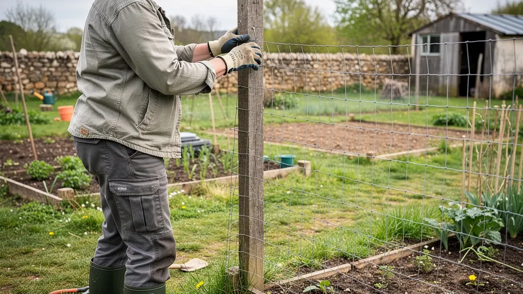 Personne fixant grillage poule sur piquet bois dans jardin