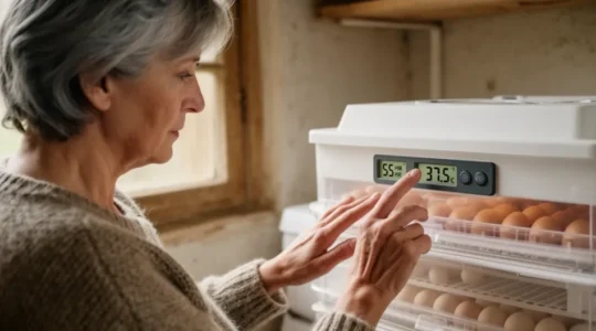 Éleveuse vérifiant l'hygromètre digital de sa couveuse automatique pour contrôler le taux d'humidité