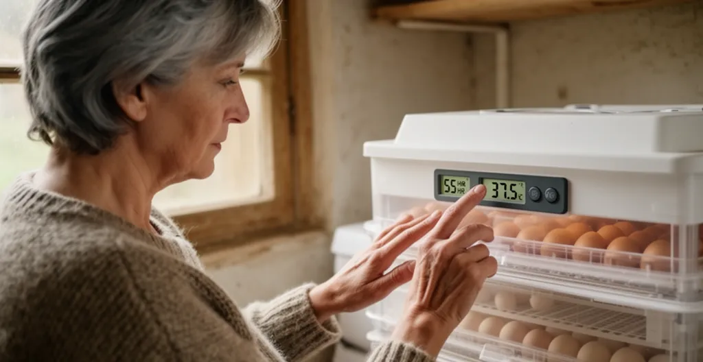 Éleveuse vérifiant l'hygromètre digital de sa couveuse automatique pour contrôler le taux d'humidité