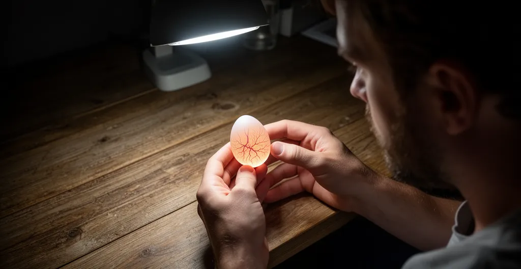 Mirage d'un œuf fécondé montrant les vaisseaux sanguins et le développement embryonnaire en cours d'incubation