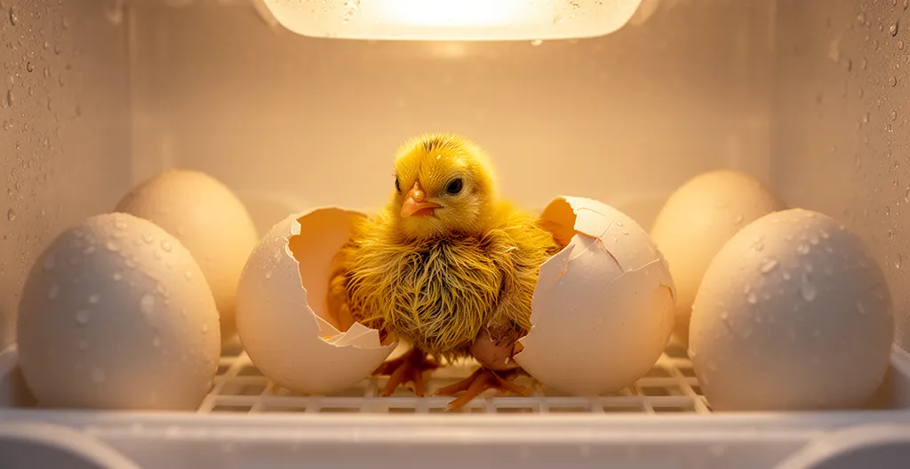 Poussin fraîchement éclos dans une couveuse, plumage encore humide près de sa coquille