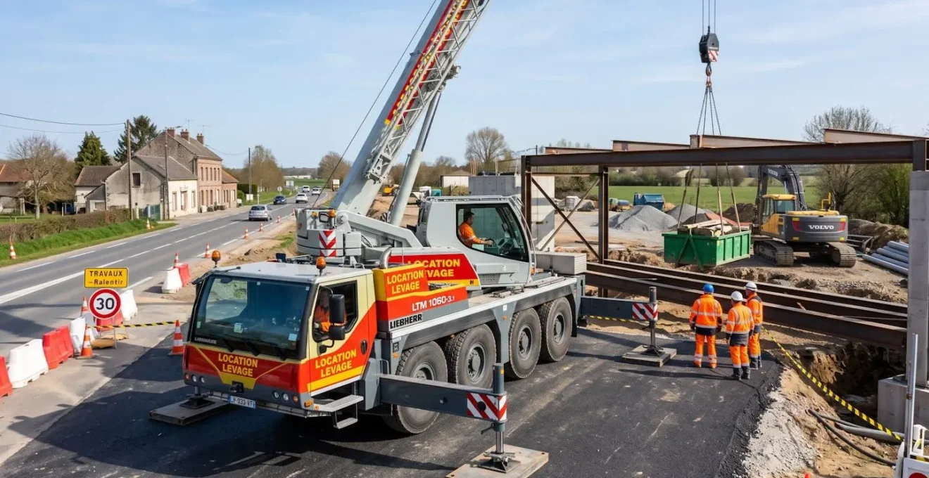 Grue mobile sur pneumatiques en position de levage sur un chantier routier français