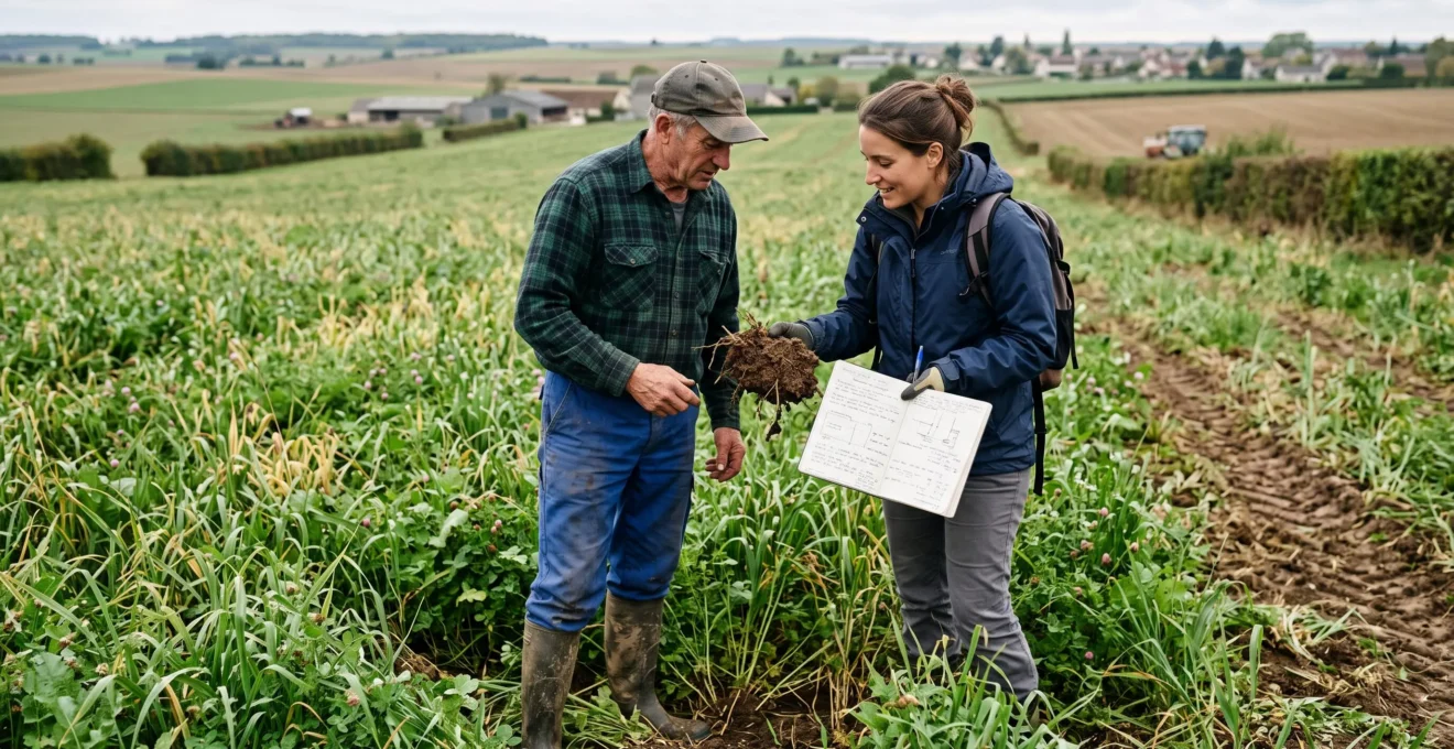 Agriculteur et conseiller observant un sol et des couverts végétaux dans une parcelle
