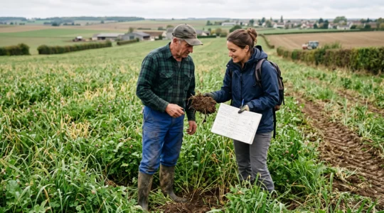 Agriculteur et conseiller observant un sol et des couverts végétaux dans une parcelle