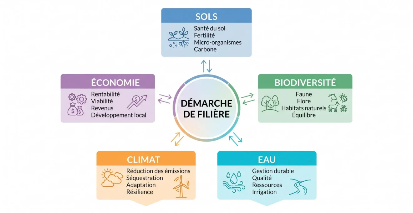 Schéma reliant sols, biodiversité, eau, climat et économie dans une transition agricole